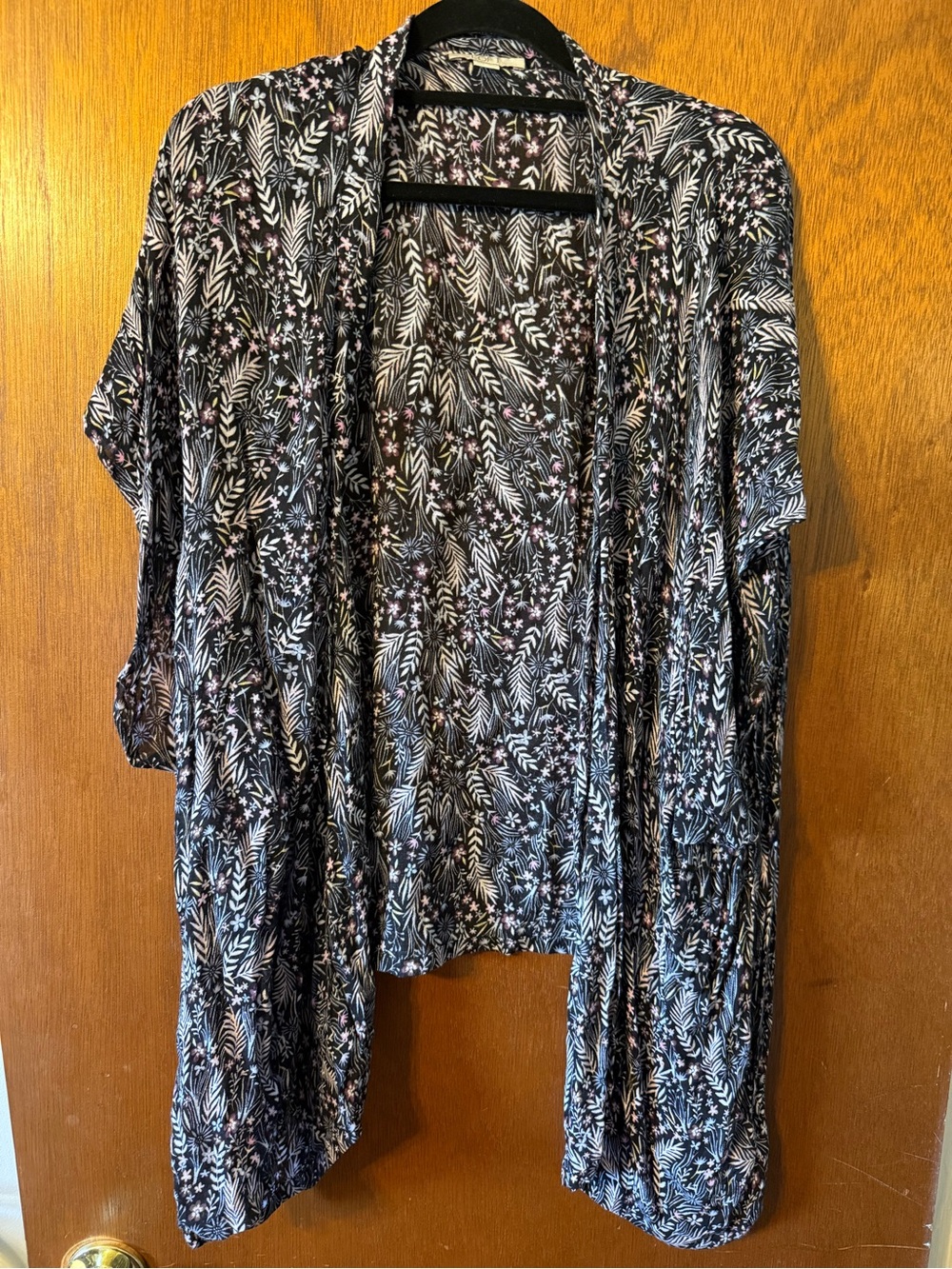 LOFT Black Floral Open-Front Kimono with Pink Accents